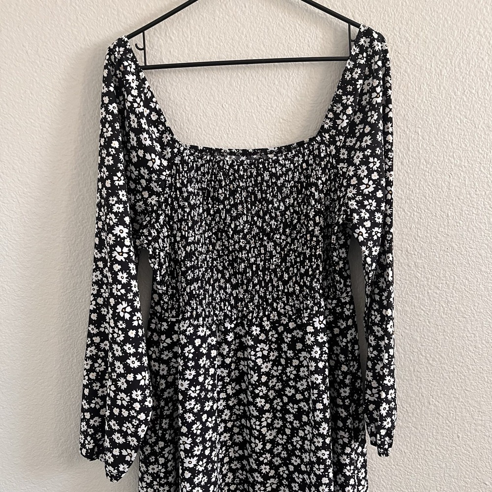 Women's 2XL midi Smocked Puff sleeve Black white floral dress cottage Milkmaid - Picture 6 of 6